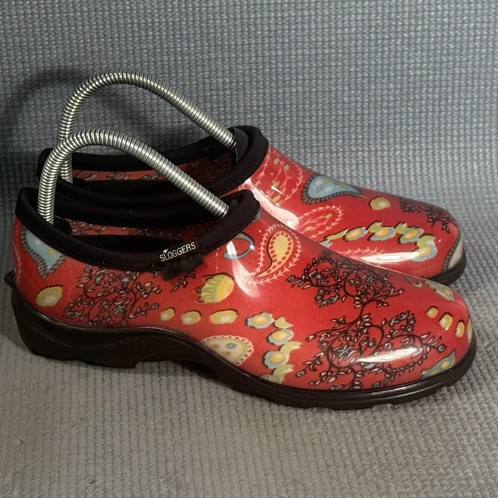 Sloggers Women's Paisley Red Waterproof Slip-On Garden Shoes Size 8 Whimsical